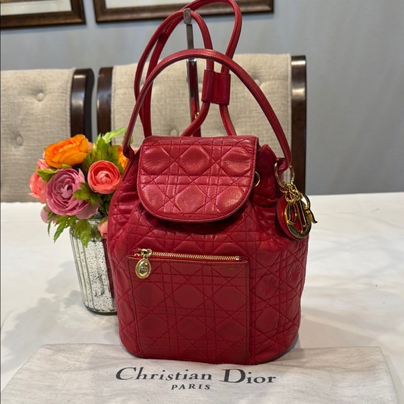 Dior Red Cannage Quilted Backpack/Bucket Handbag - Picture 1 of 17